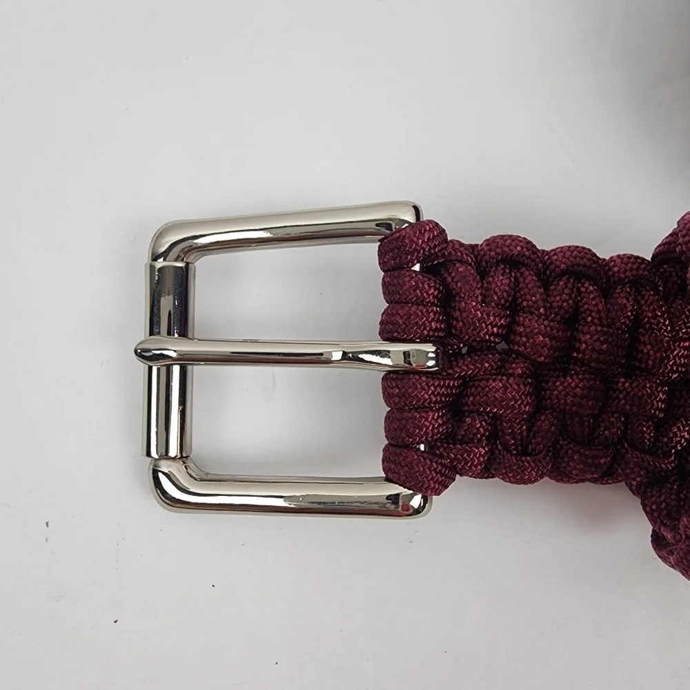 NWOT Braided Burgundy Belt Seatbelt Like Solid Brass Silver Buckle